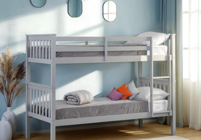 A light grey bunk bed with a fixed ladder on the right front, featuring a top bunk and bottom bunk with traditional wooden slatted bases. 