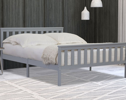 A double bed frame in gray color with a paneled headboard and footboard, 