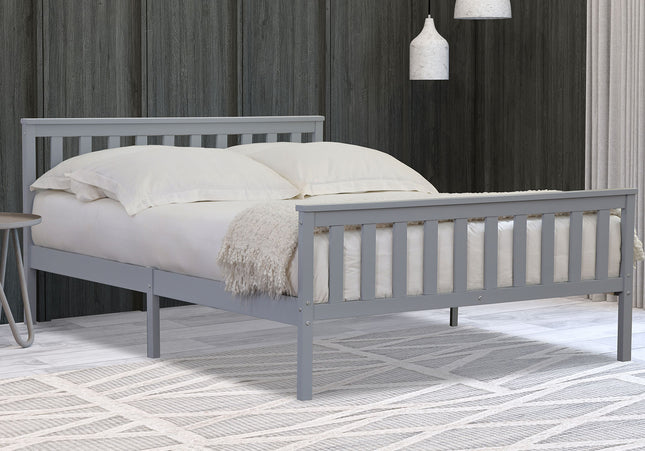 A double bed frame in gray color with a paneled headboard and footboard,
