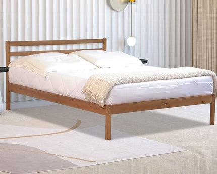 Double bed frame made of pine wood with a white mattress on it, 