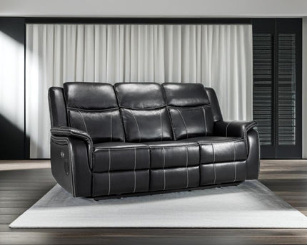 Galaxy Tech Power Recliner 3 Seater Sofa In Black Leather