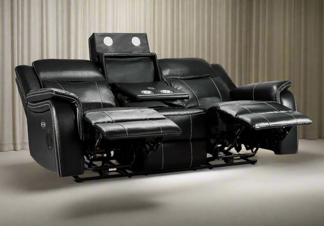 Galaxy Tech Power Recliner 3 Seater Sofa In Black Leather