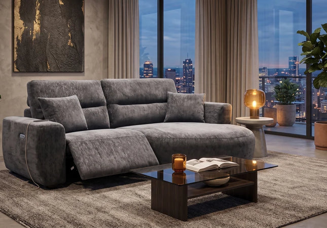 Denver Electric Recliner Corner Sofa – Black – Right Hand