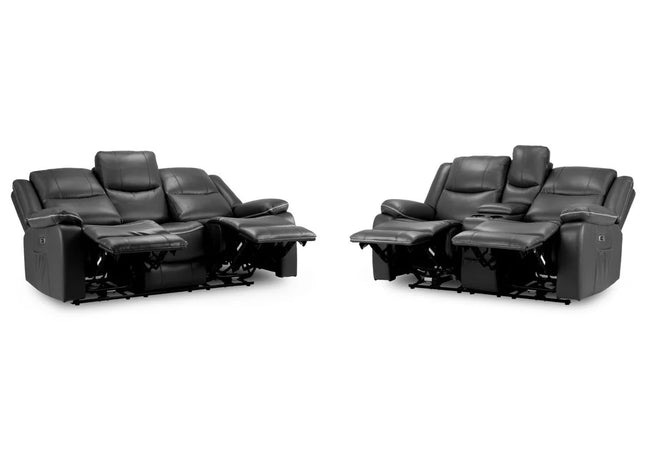 Harald Power Recliner 3 seater+ 2 seater - black leather, cosy upholstery and large padded armrests for added comfort. A USB- charging port, and a handy side pocket, perfect for storing remote control