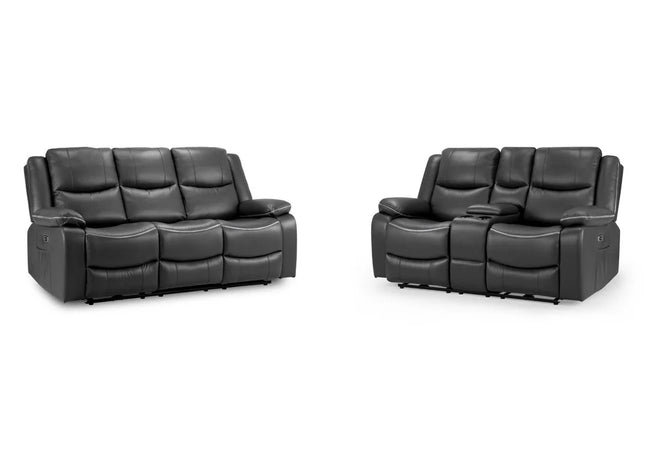 Harald Power Recliner 3 seater+ 2 seater - black leather, cosy upholstery and large padded armrests for added comfort. A USB- charging port, and a handy side pocket, perfect for storing remote control