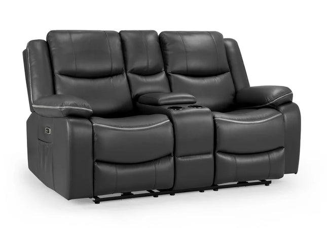 Harald Power Recliner 2 seater- black leather, cosy upholstery and large padded armrests for added comfort. A USB- charging port, and a handy side pocket, perfect for storing remote control