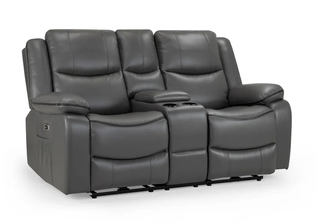 Harald Power Recliner 2 seater - Grey leather, large padded armrests for added comfort. Drinks holder and storage compartment, a USB- charging port, and a handy side pocket, perfect for storing remote control