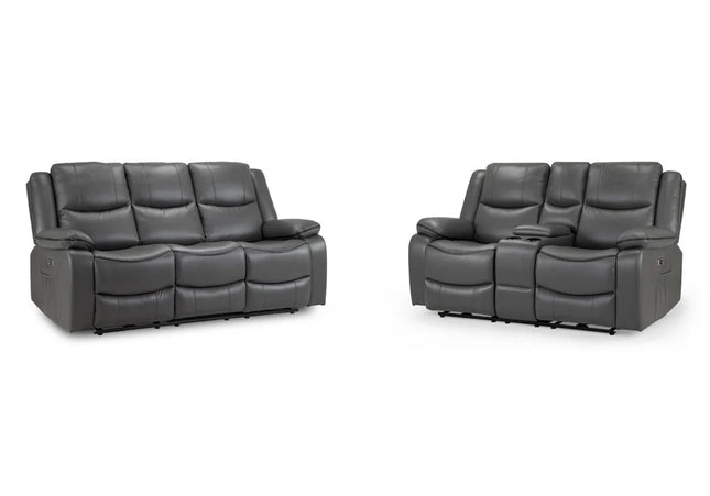 Harald Power Recliner 3 seater+ 2 seater - grey leather, cosy upholstery and large padded armrests for added comfort. A USB- charging port, and a handy side pocket, perfect for storing remote control