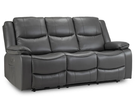 Harald Power Recliner 3 seater - grey leather, cosy upholstery and large padded armrests for added comfort. A USB- charging port, and a handy side pocket, perfect for storing remote control