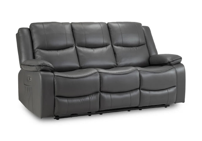 Harald Power Recliner 3 seater - grey leather, cosy upholstery and large padded armrests for added comfort. A USB- charging port, and a handy side pocket, perfect for storing remote control