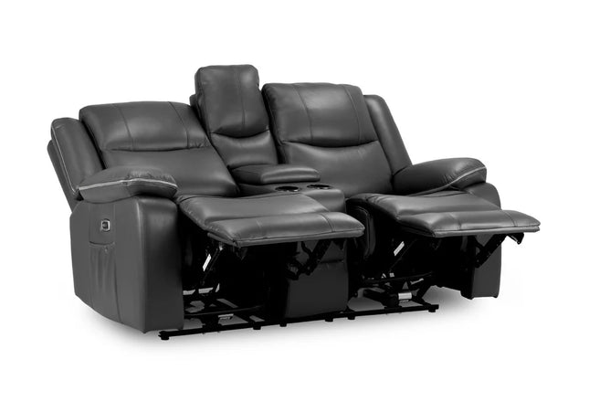 Harald Power Recliner 2 seater - black leather, cosy upholstery and large padded armrests for added comfort. A USB- charging port, and a handy side pocket, perfect for storing remote control