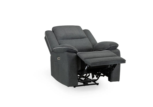 Harald Power Recliner Armchair - Grey Fabric, cosy upholstery and large padded armrests for added comfort. with a USB- charging port, and a handy side pocket, perfect for storing remote control