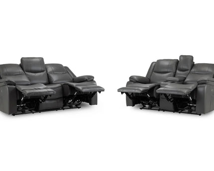 Harald Power Recliner 3 seater+ 2 seater - grey leather, cosy upholstery and large padded armrests for added comfort. A USB- charging port, and a handy side pocket, perfect for storing remote control