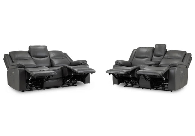 Harald Power Recliner 3 seater+ 2 seater - grey leather, cosy upholstery and large padded armrests for added comfort. A USB- charging port, and a handy side pocket, perfect for storing remote control
