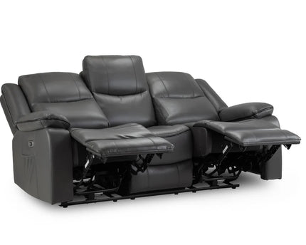 Harald Power Recliner 3 seater - grey leather, cosy upholstery and large padded armrests for added comfort. A USB- charging port, and a handy side pocket, perfect for storing remote control