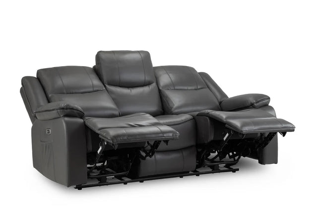 Harald Power Recliner 3 seater - grey leather, cosy upholstery and large padded armrests for added comfort. A USB- charging port, and a handy side pocket, perfect for storing remote control