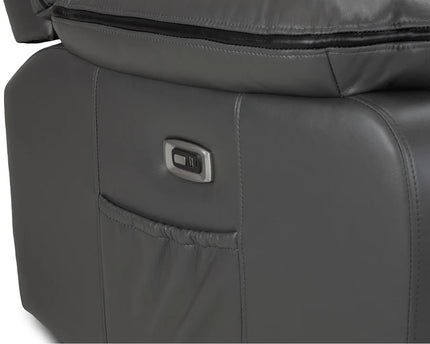 Harald Power Recliner 3 seater - grey leather, cosy upholstery and large padded armrests for added comfort. A USB- charging port, and a handy side pocket, perfect for storing remote control