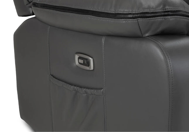 Harald Power Recliner 3 seater - grey leather, cosy upholstery and large padded armrests for added comfort. A USB- charging port, and a handy side pocket, perfect for storing remote control