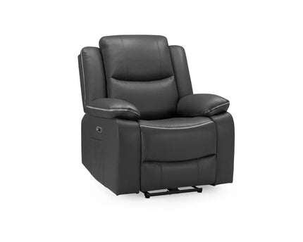 Harald Power Recliner armchair- black leather, cosy upholstery and large padded armrests for added comfort. A USB- charging port, and a handy side pocket, perfect for storing remote control