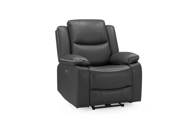 Harald Power Recliner armchair- black leather, cosy upholstery and large padded armrests for added comfort. A USB- charging port, and a handy side pocket, perfect for storing remote control