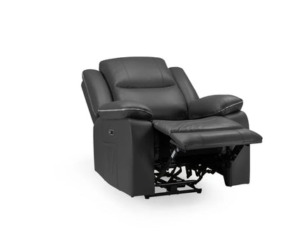 Harald Power Recliner armchair- black leather, cosy upholstery and large padded armrests for added comfort. A USB- charging port, and a handy side pocket, perfect for storing remote control