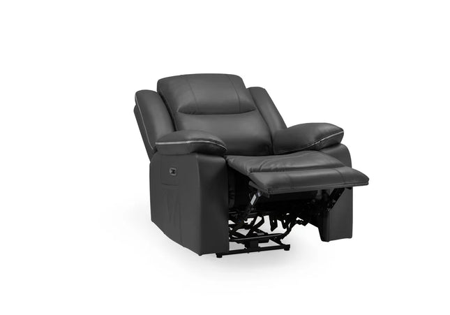 Harald Power Recliner armchair- black leather, cosy upholstery and large padded armrests for added comfort. A USB- charging port, and a handy side pocket, perfect for storing remote control