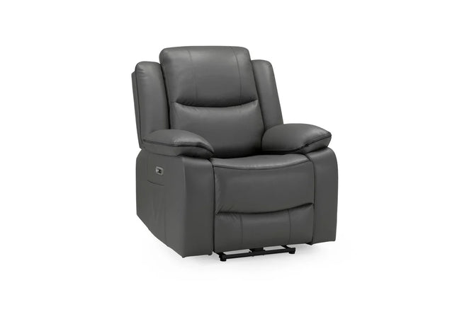 Harald Power Recliner  armchair - Grey leather,  large padded armrests for added comfort. A USB- charging port, and a handy side pocket, perfect for storing remote control