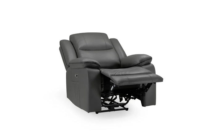 Harald Power Recliner  armchair - Grey leather,  large padded armrests for added comfort. A USB- charging port, and a handy side pocket, perfect for storing remote control