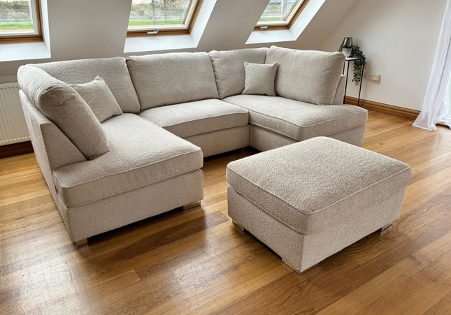 Bellingham Collection - baige  U-shaped sofa that wraps you in comfort and style. With its luxurious Boucle fabric  removable back cushions