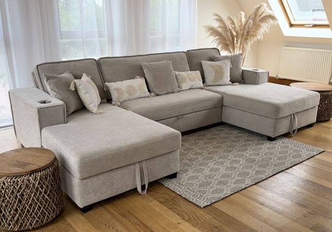 Milan U Shape Sofa Bed With Storage - Beige
