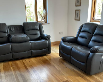 Alva black fabric electric power reclining 3 seater and 2 seater, two end seats recline with usb port and side pocket. fold down middle seat with drink holder