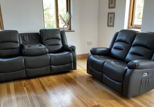 Alva black fabric electric power reclining 3 seater and 2 seater, two end seats recline with usb port and side pocket. fold down middle seat with drink holder