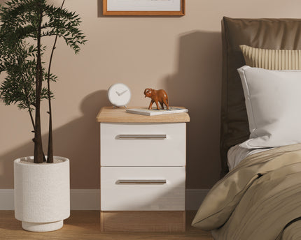 Knightsbridge 2 Drawer Bedside Cabinet in White Gloss & Bardolino Oak