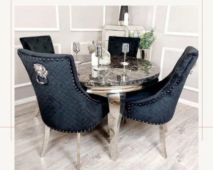 Lewis 1.3m Round Black Marble Table With 4 Black Roma Chairs