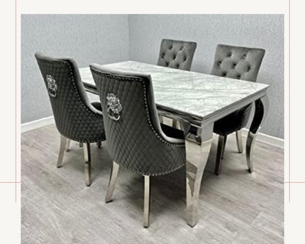 Lewis 1.5m Grey Marble Table With 4 Dark Grey Roma Chairs