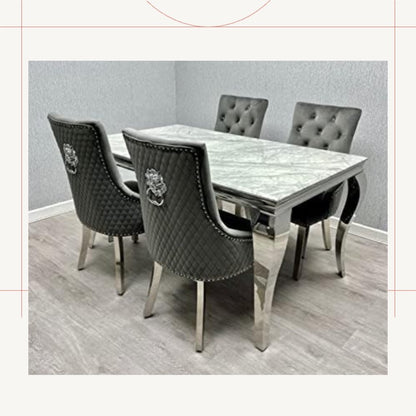 Lewis 1.5m Grey Marble Table With 4 Dark Grey Roma Chairs