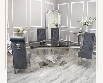 London 1.5m Black Marble Table With 4 Dark Grey Lucy Chairs