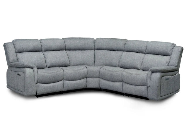 Lotus Power Recliner Corner Set - Grey Luxurious fabric, pillow-top armrests, and a smooth electric  recliner motion with plug outlets usb ports and drink holders 