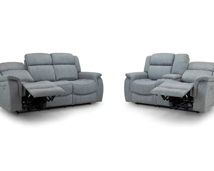 Lotus Power Recliner 3+2 Set - Grey Luxurious fabric, pillow-top armrests, and a smooth electric  recliner motion with plug outlets usb ports and drink holders 