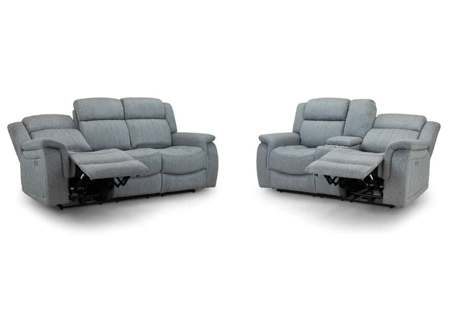 Lotus Power Recliner 3+2 Set - Grey Luxurious fabric, pillow-top armrests, and a smooth electric  recliner motion with plug outlets usb ports and drink holders 