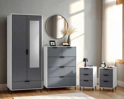 Gray bedroom furniture set with white sides and top wardrobe, chest of drawers, and nightstands 