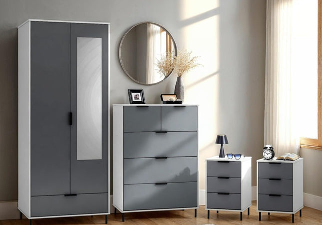 Gray bedroom furniture set with white sides and top wardrobe, chest of drawers, and nightstands 