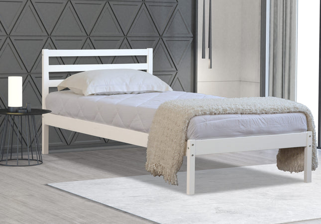 A white single wooden bed frame with a headboard 