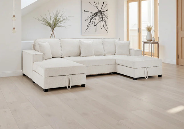 Milan U Shape Sofa Bed With Storage - Beige