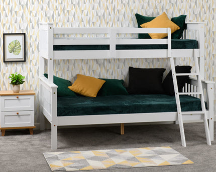  A white bunk bed with a fixed ladder on the right front, featuring a top bunk and bottom bunk with traditional wooden slatted bases. 
