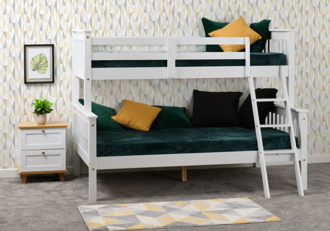  A white bunk bed with a fixed ladder on the right front, featuring a top bunk and bottom bunk with traditional wooden slatted bases. 