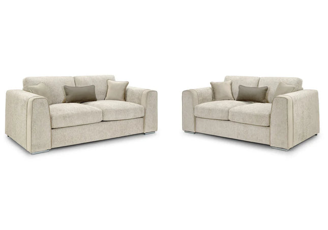Naples 3+2 Sofa Set - Ivory, upholstered in soft chenille fabric for ultimate comfort. Featuring removable seat and back cushions with removable covers, Fabric band detail around the arm of the sofa
