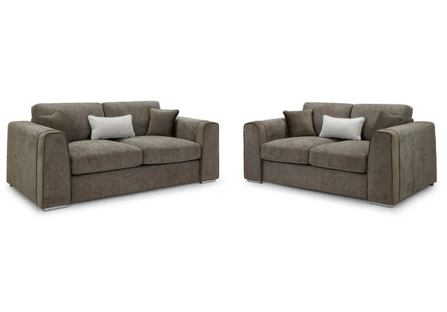 Naples 3+2 Sofa Set - Mocha, upholstered in soft chenille fabric for ultimate comfort. Featuring removable seat and back cushions with removable covers, Fabric band detail around the arm of the sofa
