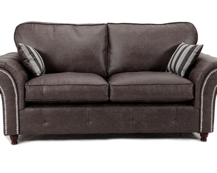 Oakmont 3 seater sofa - charcoal,  faux leather three seater sofa is soft-to-the-touch and cosy, rounded arms with button detail and  metal studded up the front of the arm. 