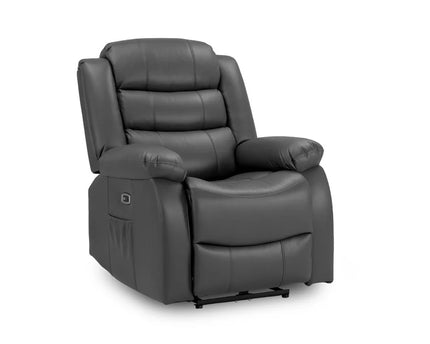 Otto Power Recliner Armchair - Grey Leather, stylish and modern design with a simple recliner operation,  Featuring cosy upholstery and large padded armrests for added comfort. Completed with a USB-C charging port, and a handy side pocket, perfect for storing remote controls